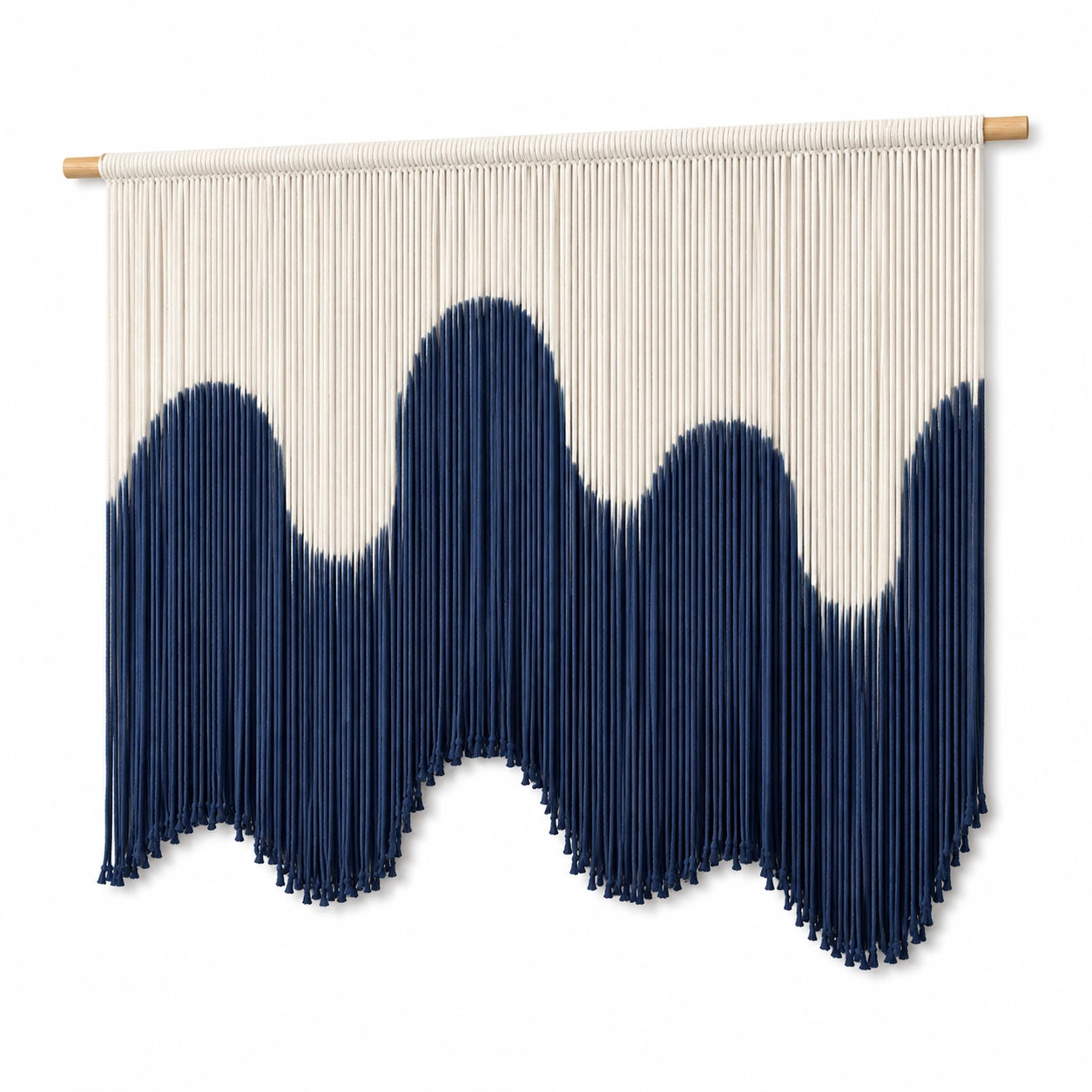 Makramee Wandbehang 100 x 100 cm Textilkordel Blau Creme mit Holzstab für Wanddekoration