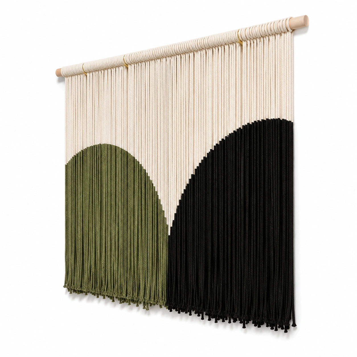 Makramee Wandteppich 70 x 100 cm aus Baumwollkordel in Beige Grün Schwarz mit Holzstab Boho