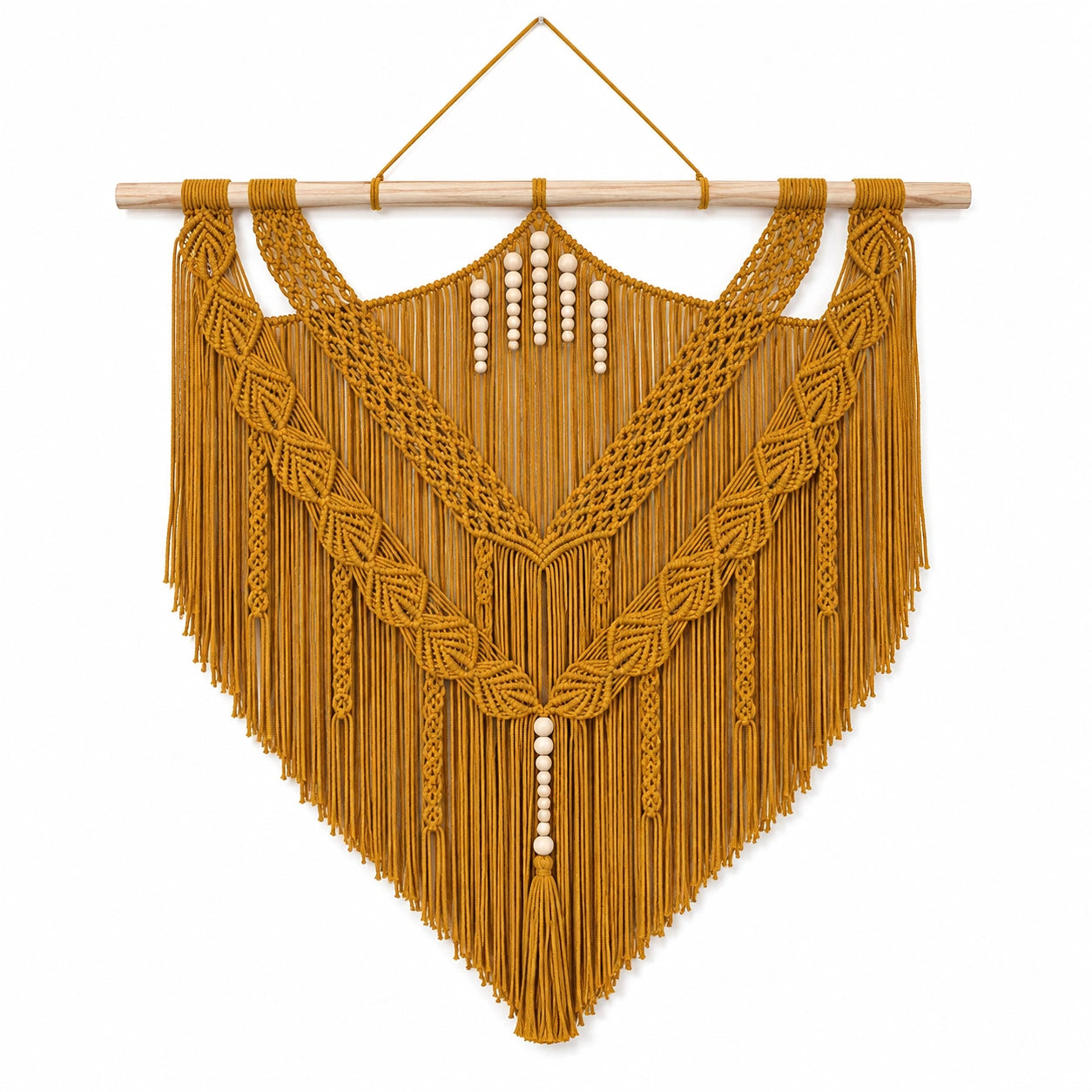 Wandteppich 90 x 100 cm aus Baumwollkordel senfgelb im Makramee Stil mit Holzstab