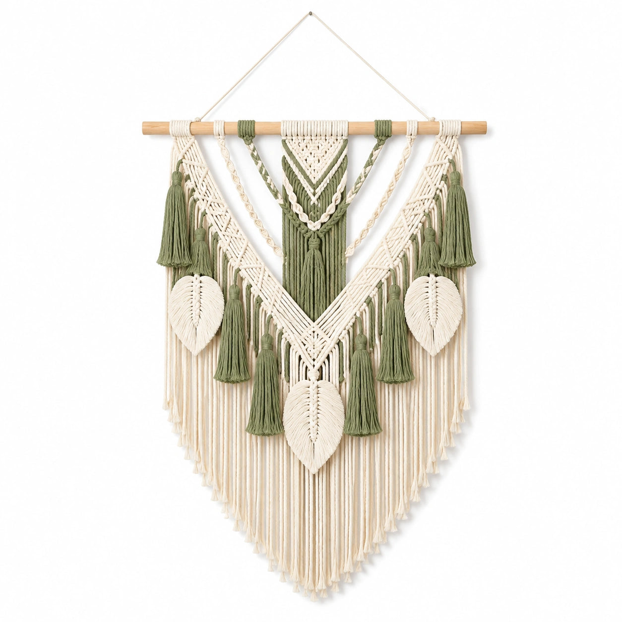 Makramee Wandteppich 60 x 90 cm aus Baumwolle in Creme/Grün - Boho Wanddekoration mit Fransen
