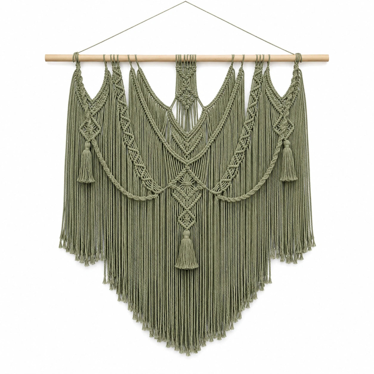 Makramee Wandteppich 100 x 120 cm aus Textilkordel Salbeigrün für Wanddekoration im Boho-Stil
