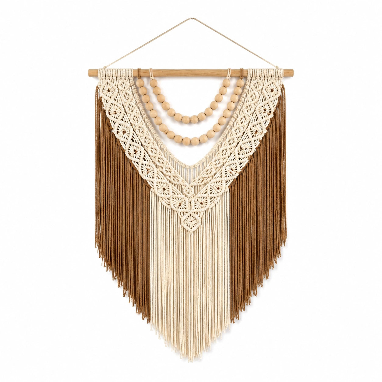 Makramee Wandteppich 60 x 100 cm Baumwolle Beige Braun mit Holzperlen Boho Wanddekoration