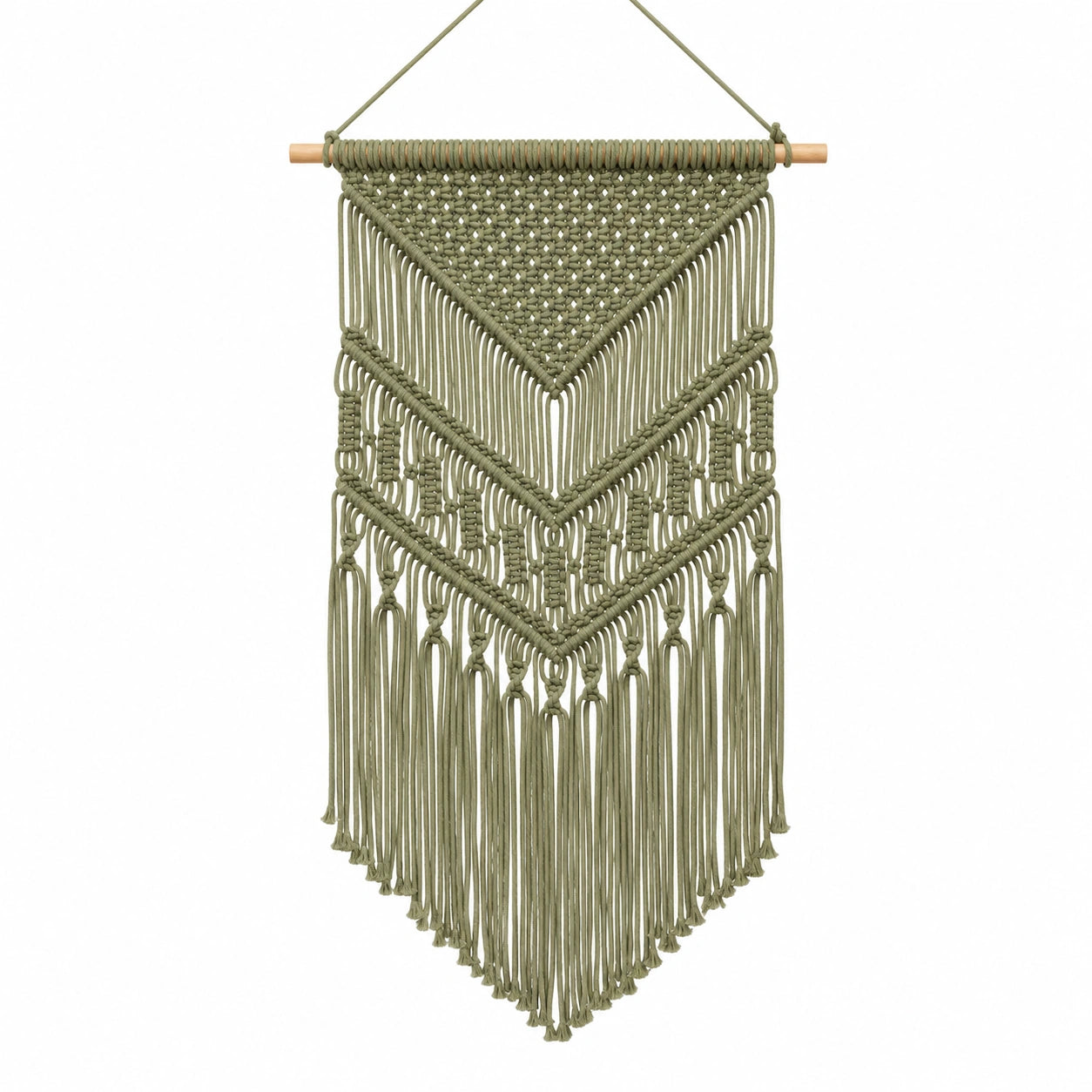 Makramee Wandbehang 50 x 100 cm olivgrüne Textilkordel mit Holzstab im Boho-Stil