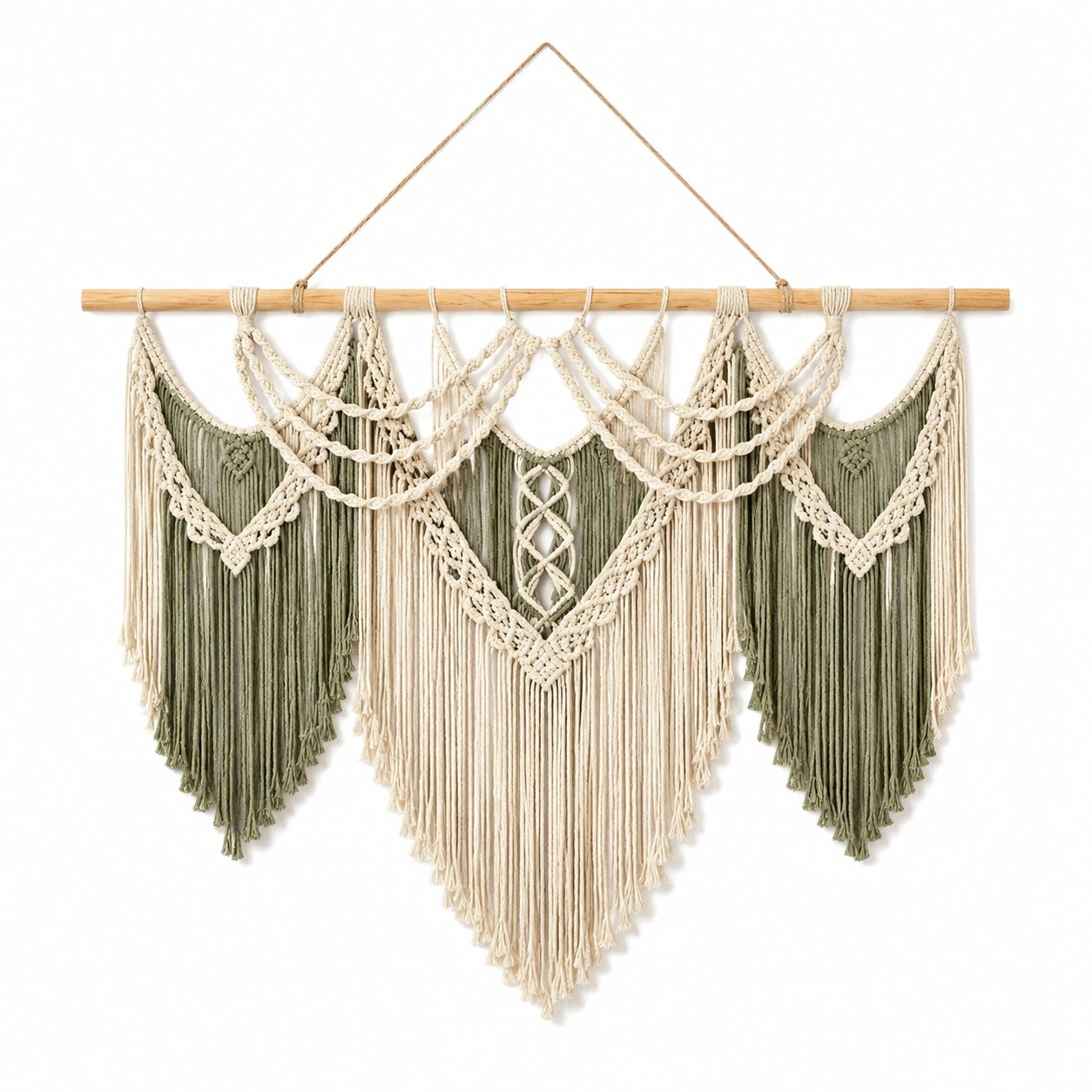 Makramee Wandbehang 100 x 90 cm aus Baumwollkordel in Creme/Grün mit Holzstab