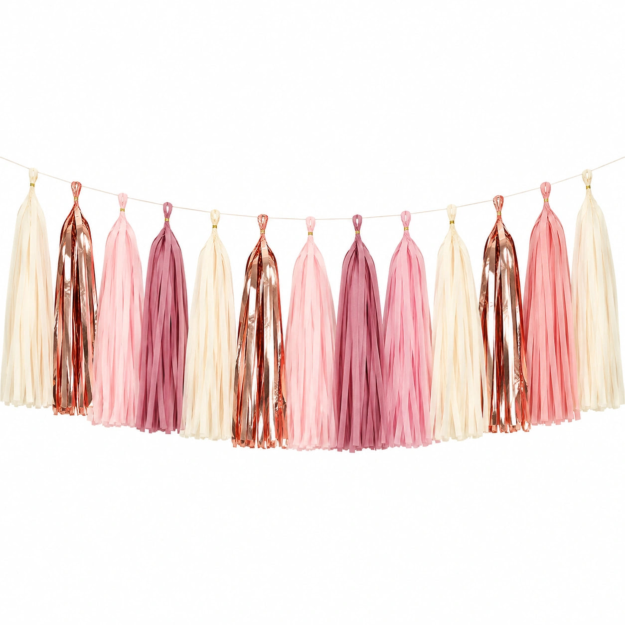 Quastengirlande 300 x 35 cm aus Papier und Folie Rosa Creme Roségold für Partydekoration