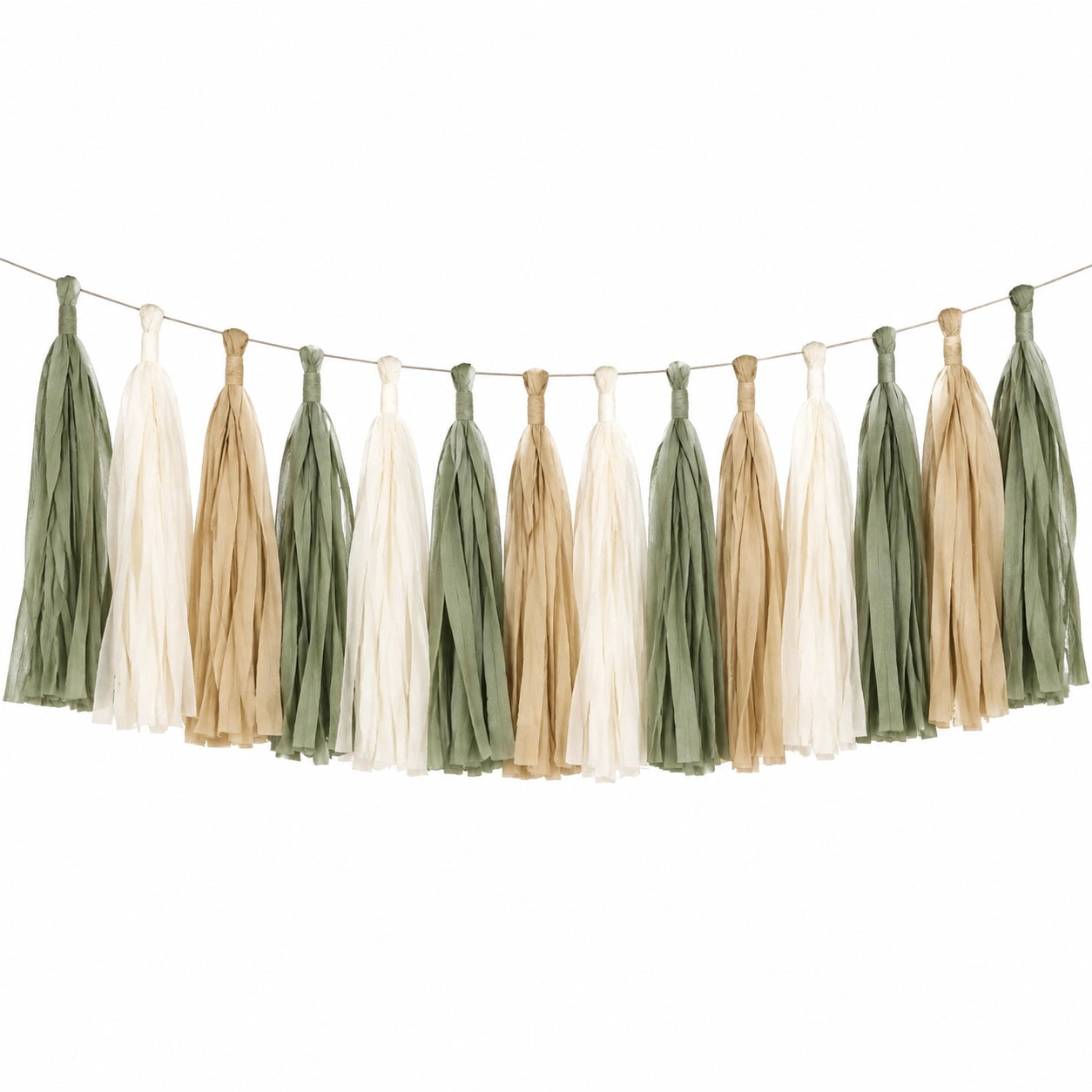 Quastengirlande 300 x 35 cm aus Papier Grün Beige Creme für Partydekoration