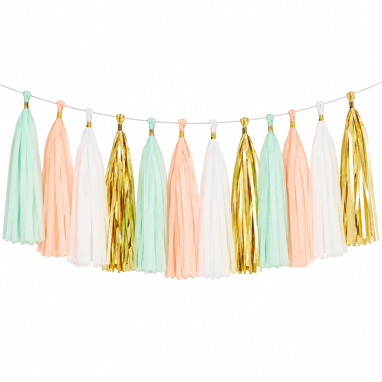 Quastengirlande 300 x 45 cm aus Seidenpapier und Folie in Mint Rosa Weiß Gold zum Aufhängen