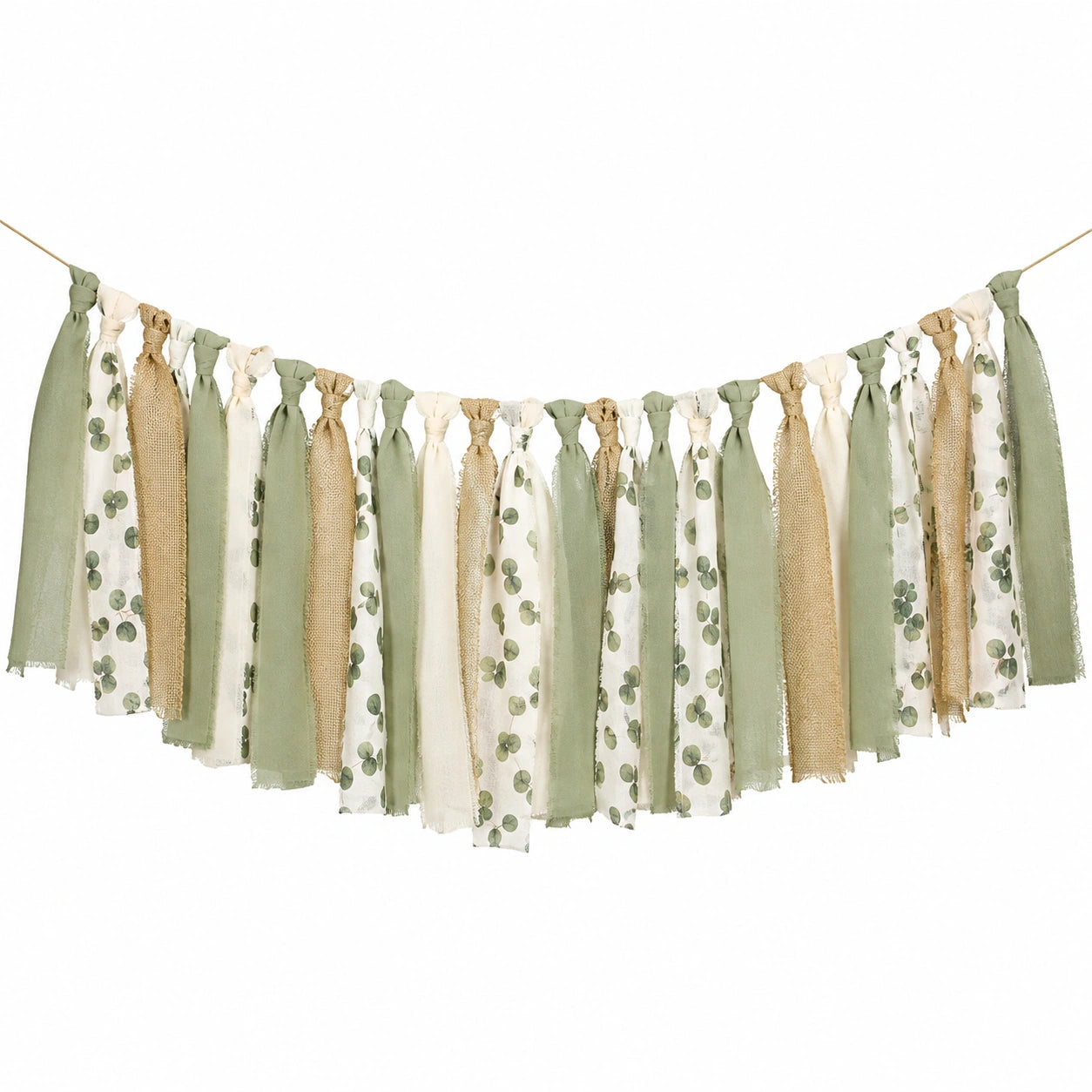 Stoffgirlande 150 x 45 cm in Grün Beige Weiß mit Blattmuster - hängende Raumdekoration im Boho-Stil