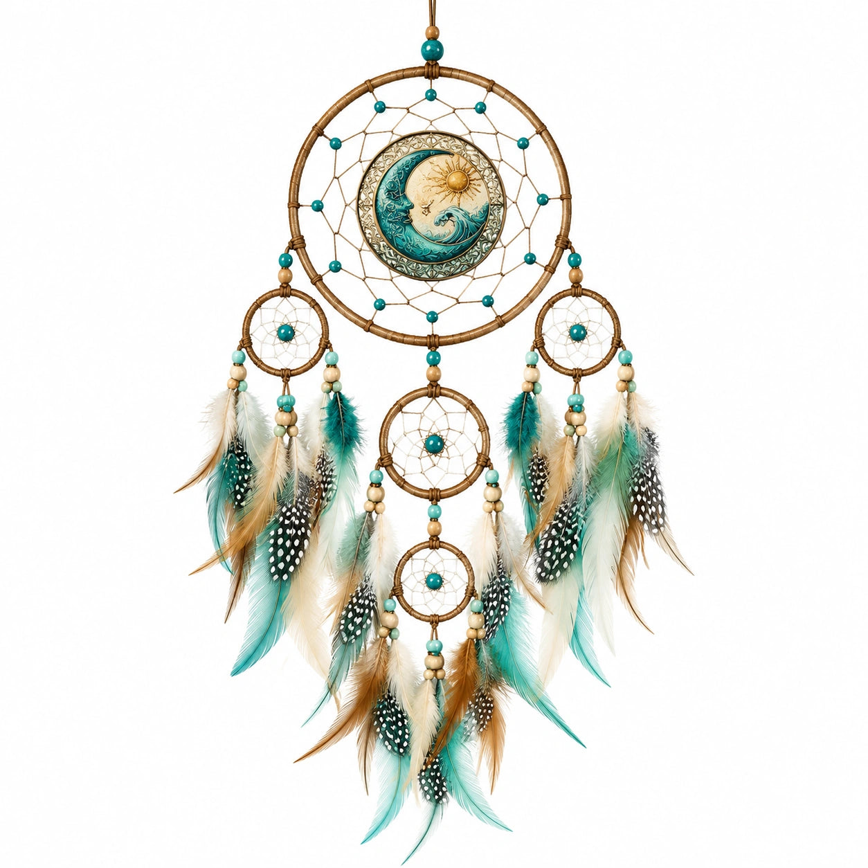 Traumfänger Wanddekoration 35 x 80 cm mit Federn und Perlen in Türkis Braun Boho Stil