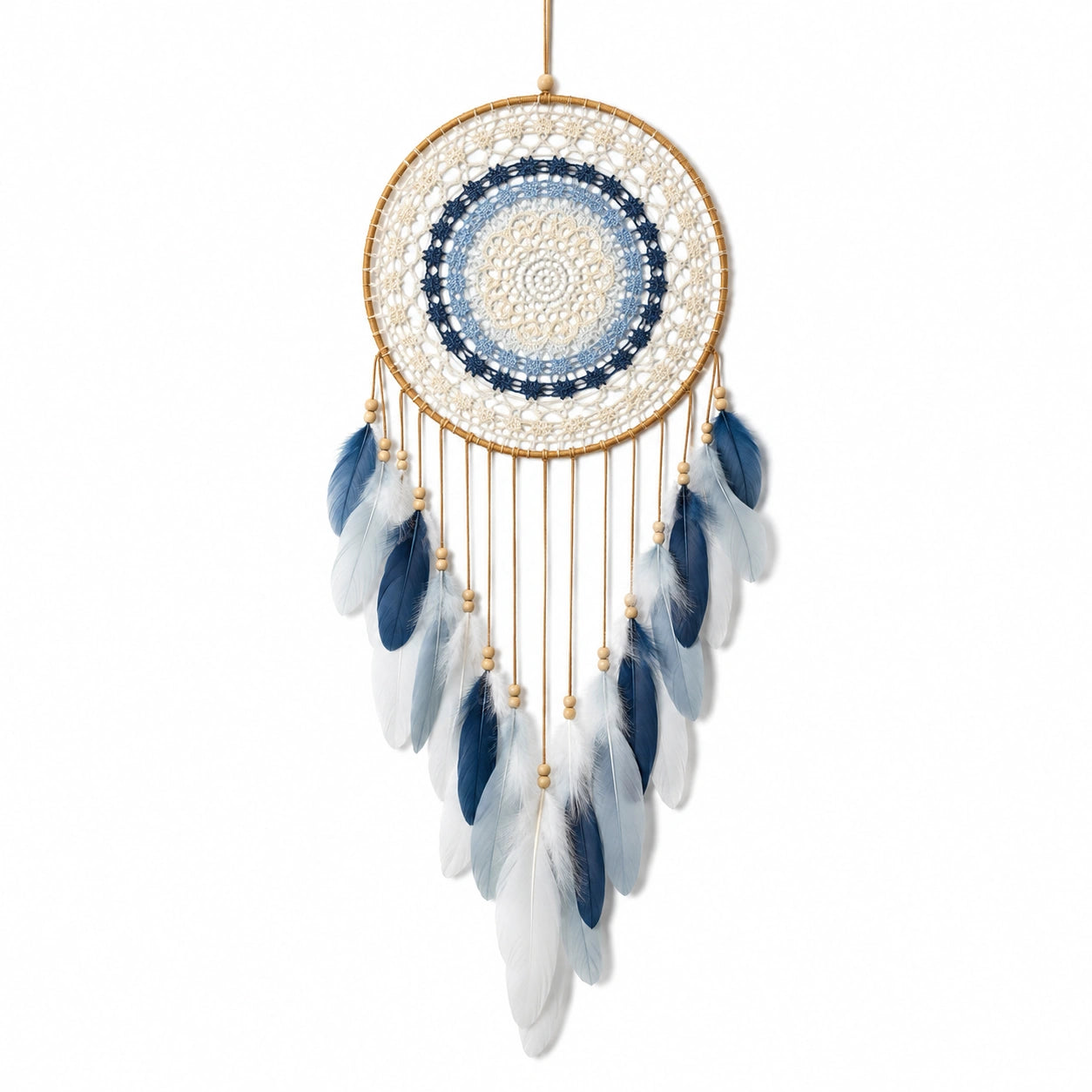 Traumfänger 40 x 90 cm aus Baumwolle in Blau Weiß mit Federn Boho Wanddekoration