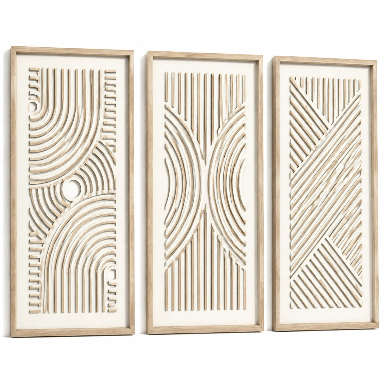 Wandbilder 3er Set 30 x 90 cm aus Holz in Naturweiß - geometrische Wanddekoration im modernen Stil