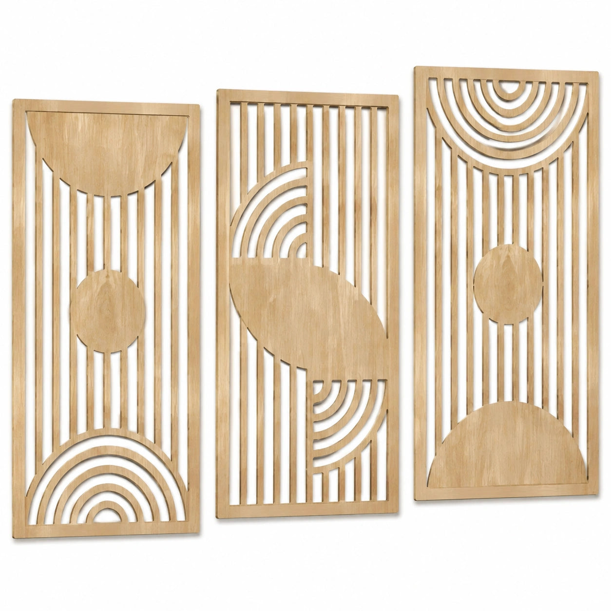 Wanddekoration 3er Set 30 x 90 cm Holz Natur geometrisches Linienmuster