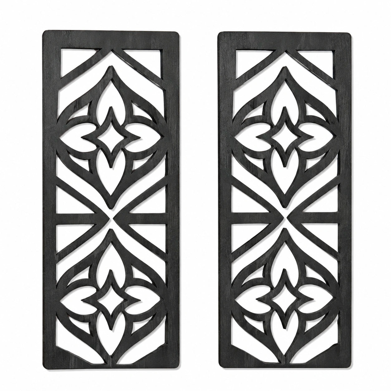 Wanddekoration 2er Set 30 x 90 cm Holz Schwarz mit geometrischem Durchbruchmuster