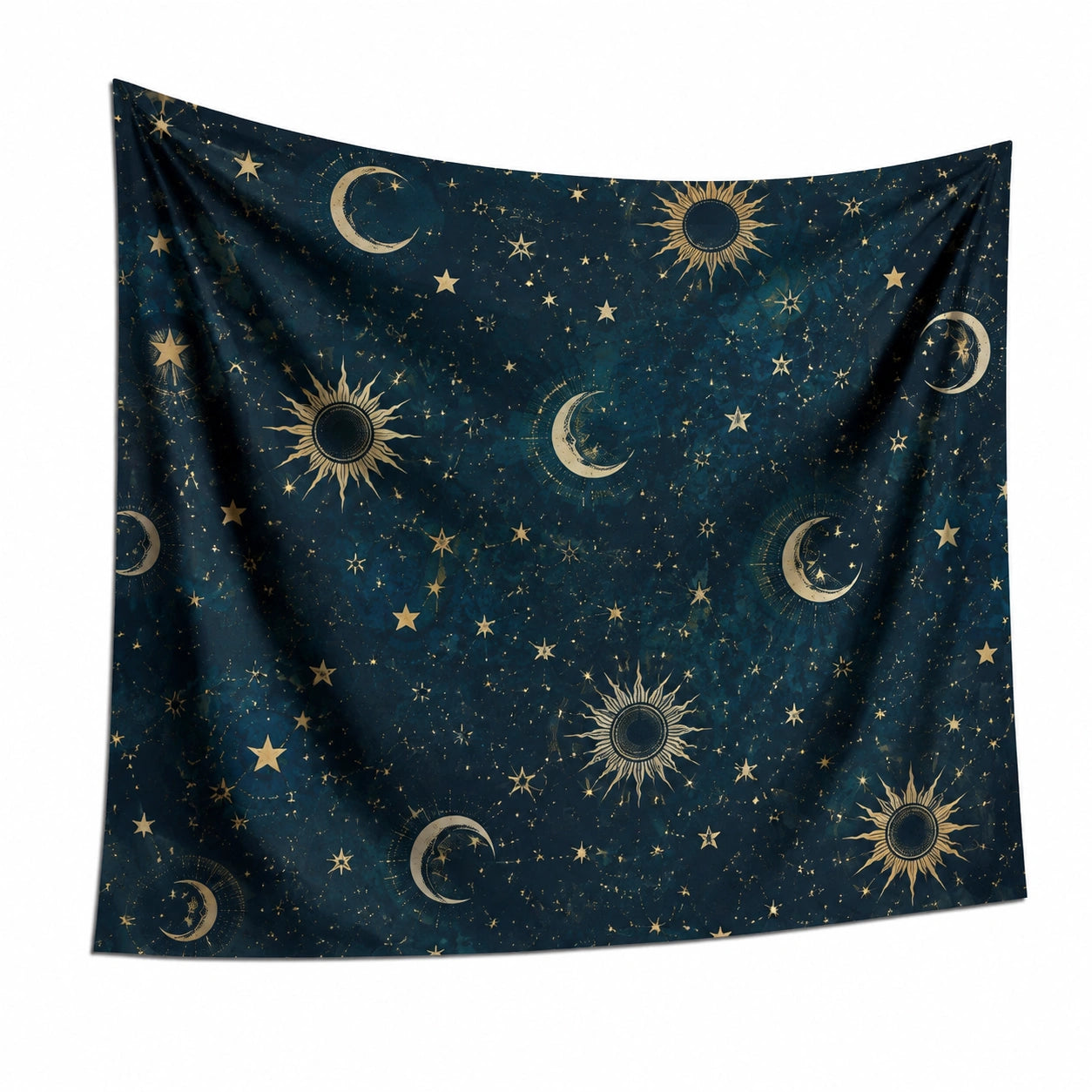 Wandteppich 150 x 130 cm aus Polyester in Dunkelblau Gold mit Sonnen Mond und Sternmotiv