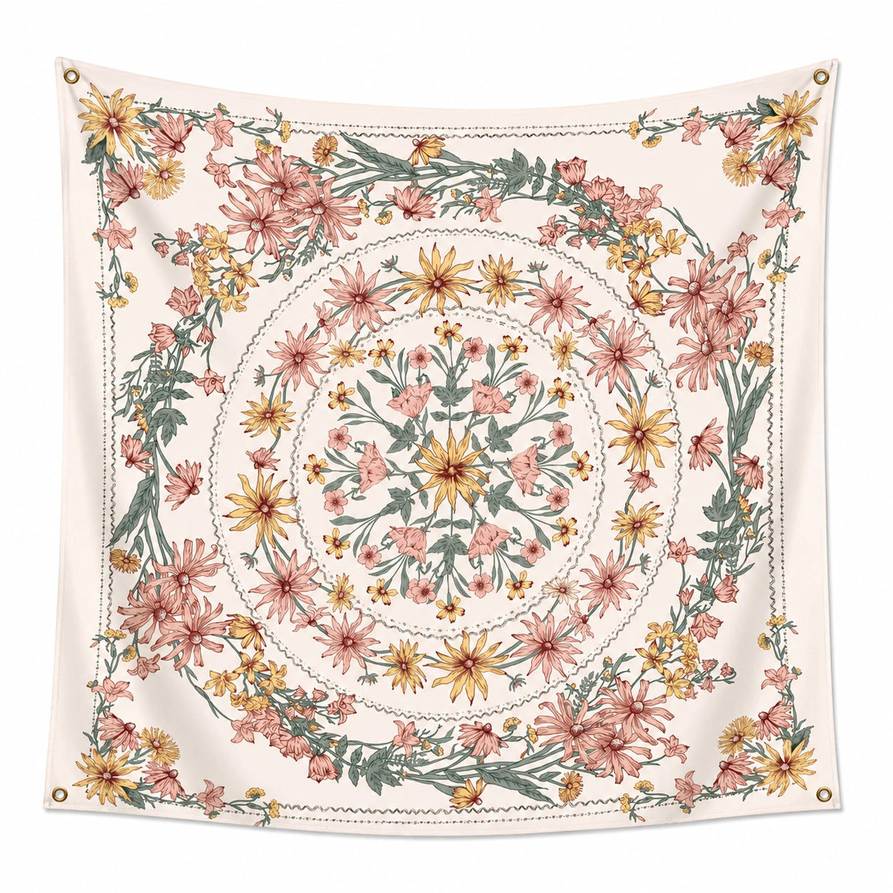 Wandteppich 150 x 150 cm Polyester Creme Rosa Gelb Blumenmuster mit Ösen