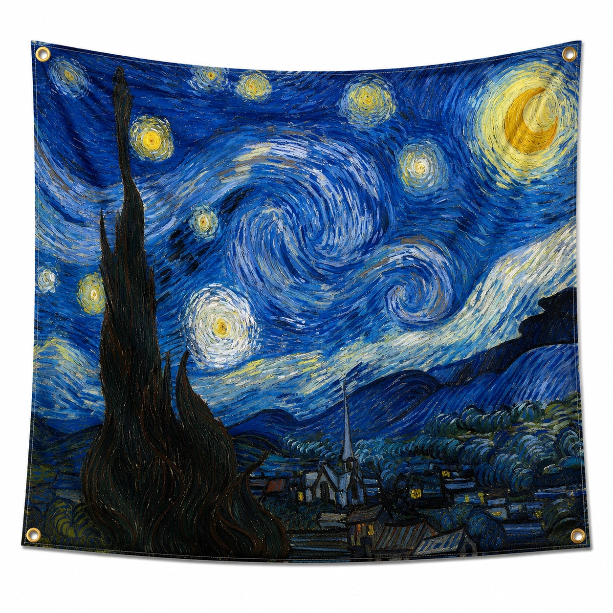 Wandteppich 150 x 130 cm aus Polyester Blau mit Nachtlandschaft Motiv zur Wanddekoration