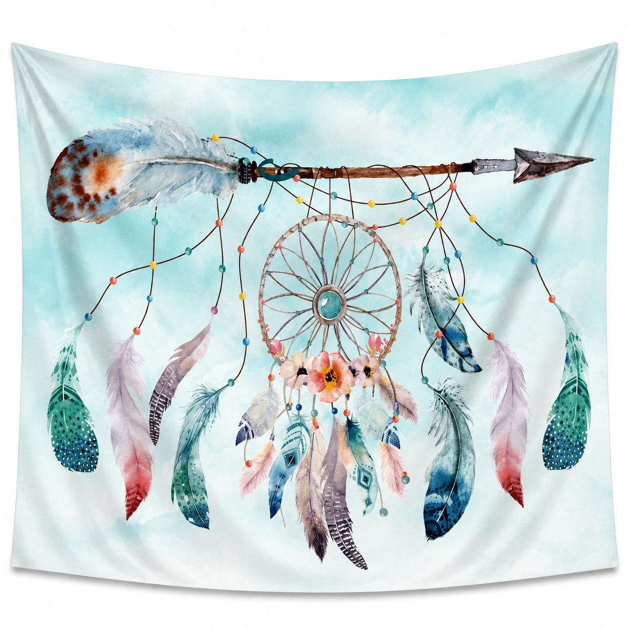 Wandteppich 150 cm x 150 cm aus Polyester in Hellblau mit Traumfänger Pfeil und Federmotiv