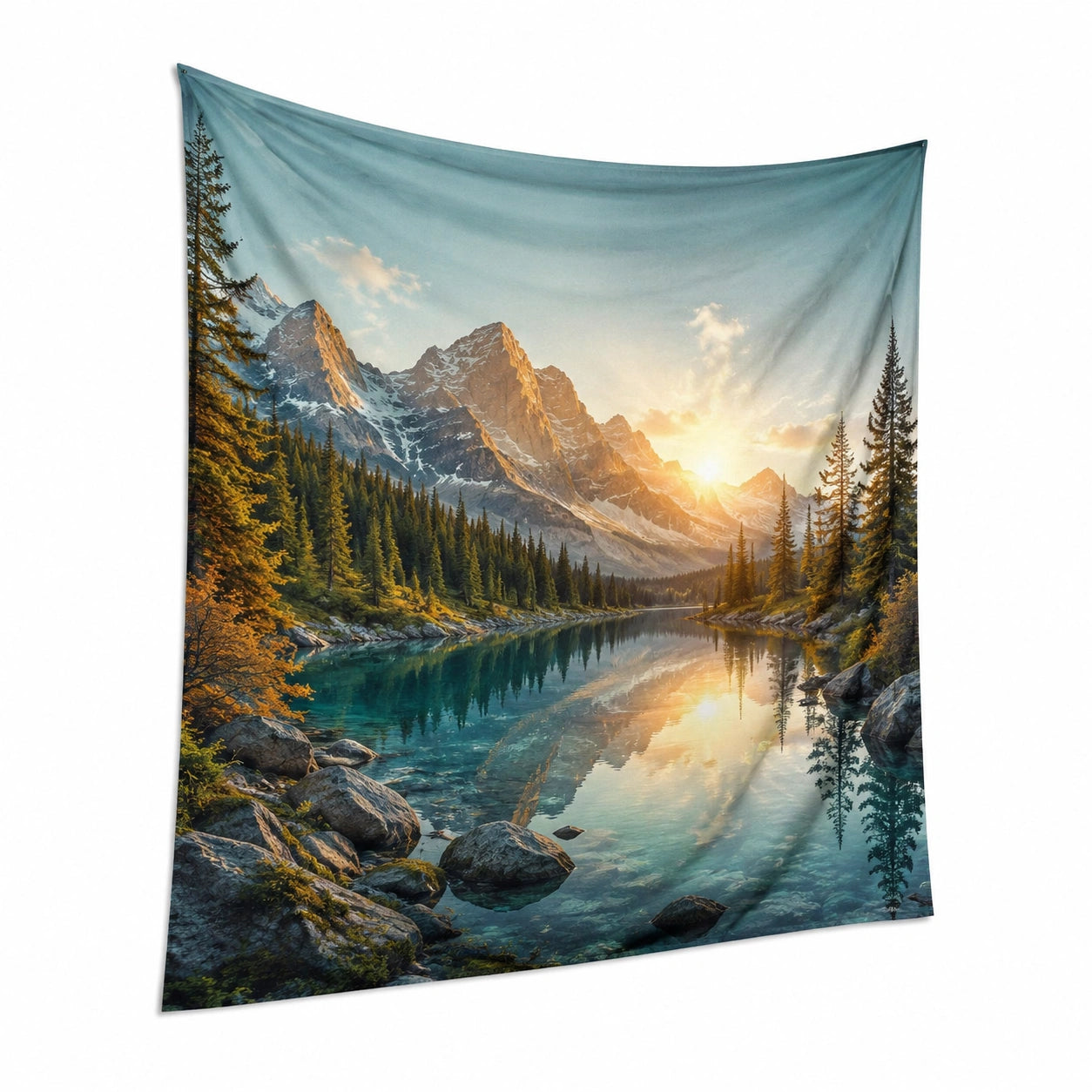 Wandteppich 150 x 130 cm aus Polyester Blau Grün mit Bergsee Landschafts Motiv