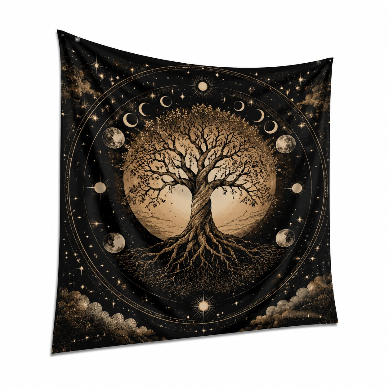 Wandteppich 150 x 150 cm Polyester Schwarz Gold mit Baum und Mondphasen Motiv zum Aufhängen