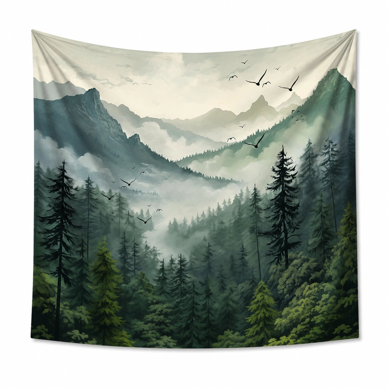 Wandteppich 150 x 130 cm aus Polyester Grün mit Bergwaldmotiv