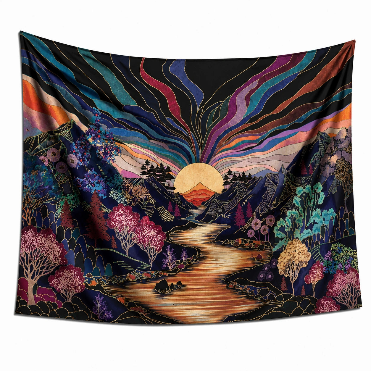 Wandteppich 150 cm x 130 cm Textilgewebe Schwarz mit Berglandschaft für Wanddekoration